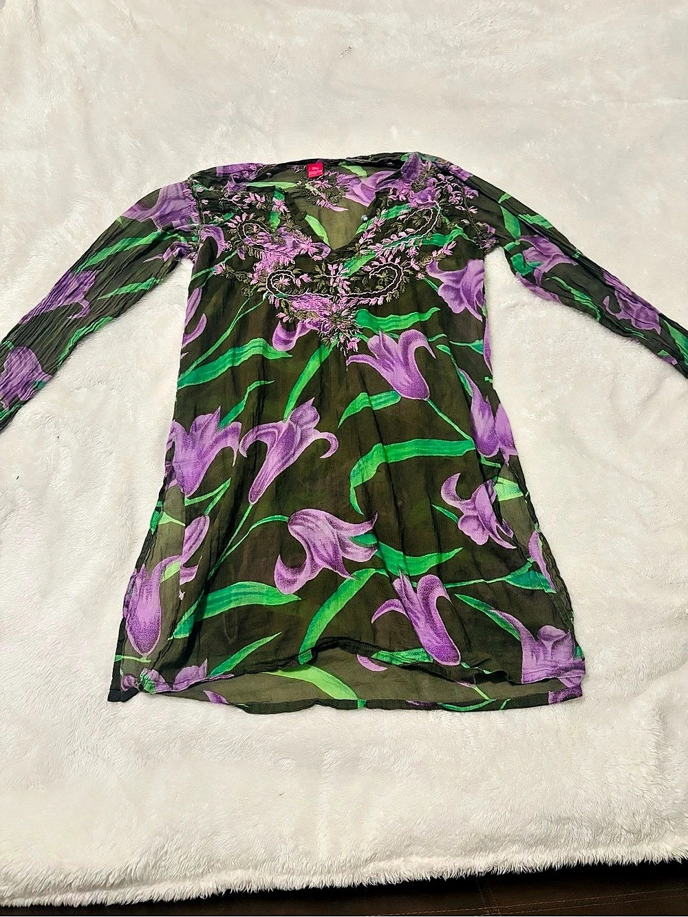 Raji Floral Long Sleeve Tunic Green Purple Size Medium